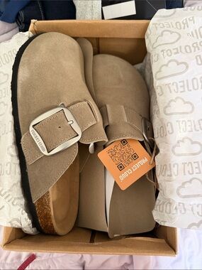 Women’s Taupe Suede Buckle Slip-On Clogs